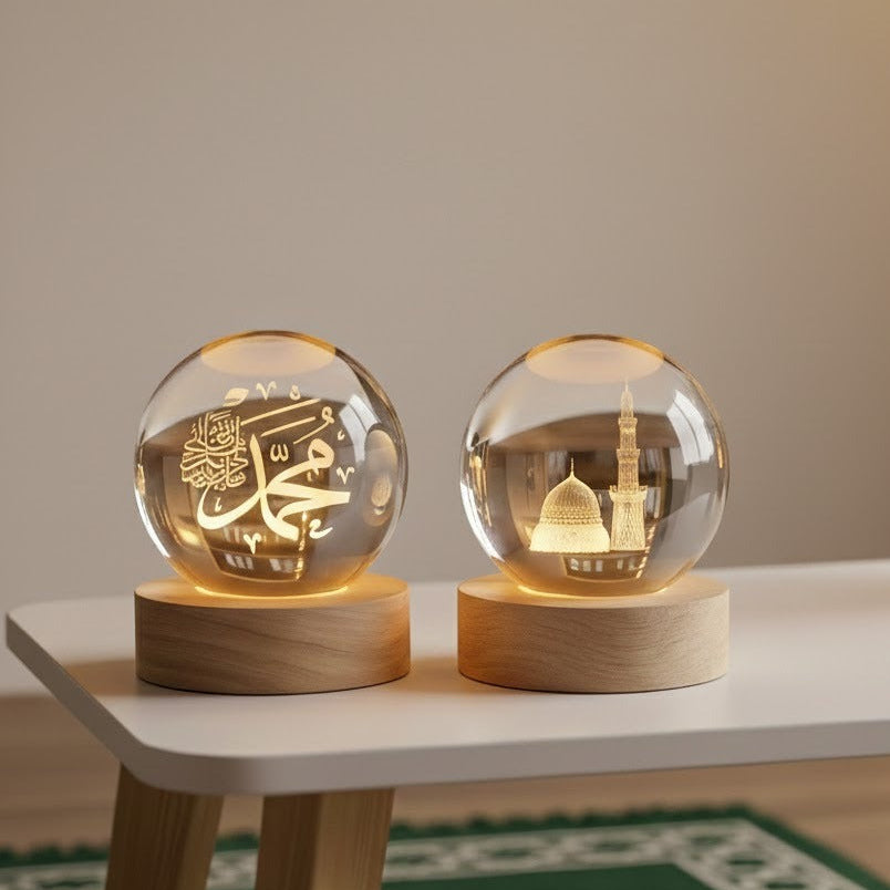 3D Islamic Madina & Muhammad Crystal Ball Lamp (Pack of 2)