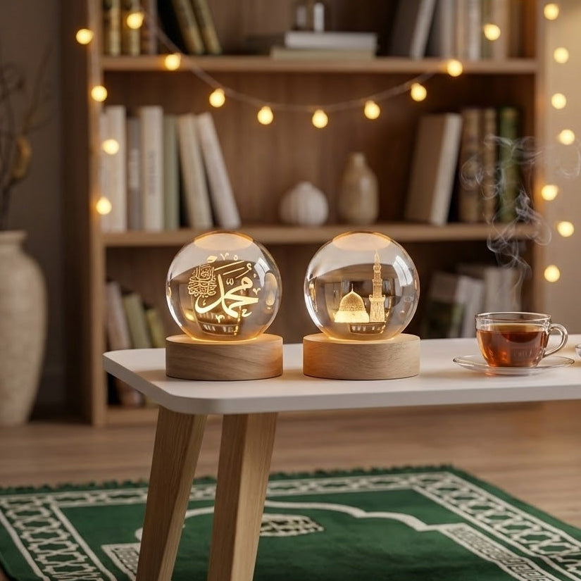 3D Islamic Madina & Muhammad Crystal Ball Lamp (Pack of 2)